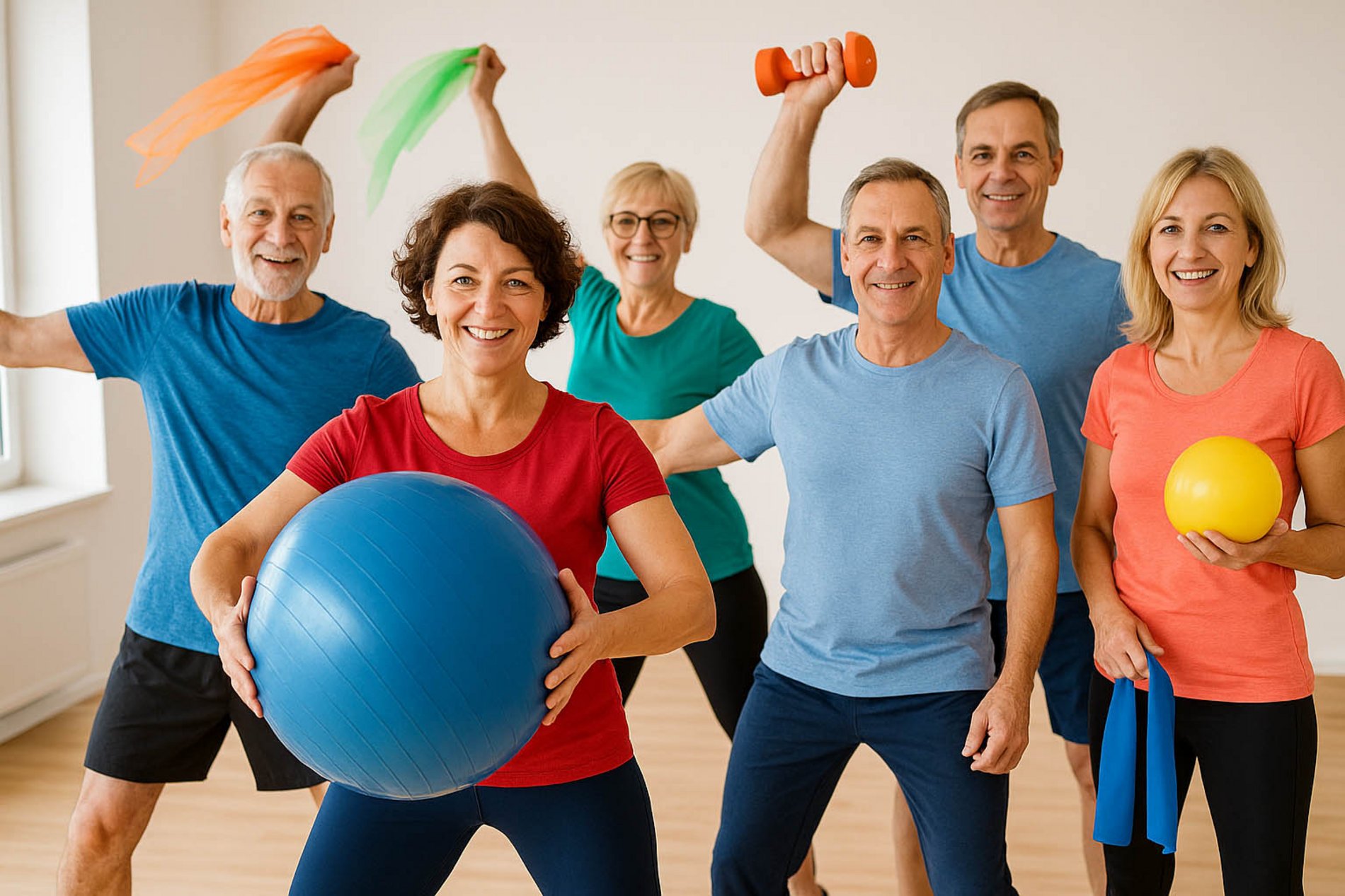 Das Foto zeigt eine Fitnessgruppe bei einer Turnstunde.