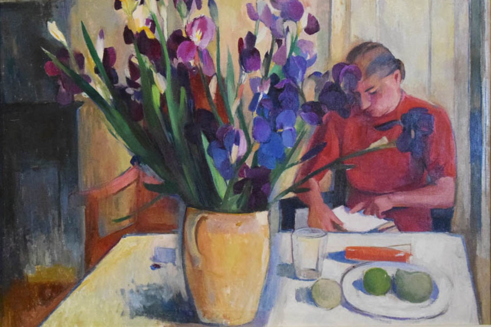 Fritz Griebel, Blumenstillleben mit Gertrud Griebel (Ehefrau von Fritz Griebel), 1939, Öl auf Leinwand, 75 x 100 cm, Stadtmuseum Amberg.  Foto/Copyright: Julia Riß, Stadt Amberg