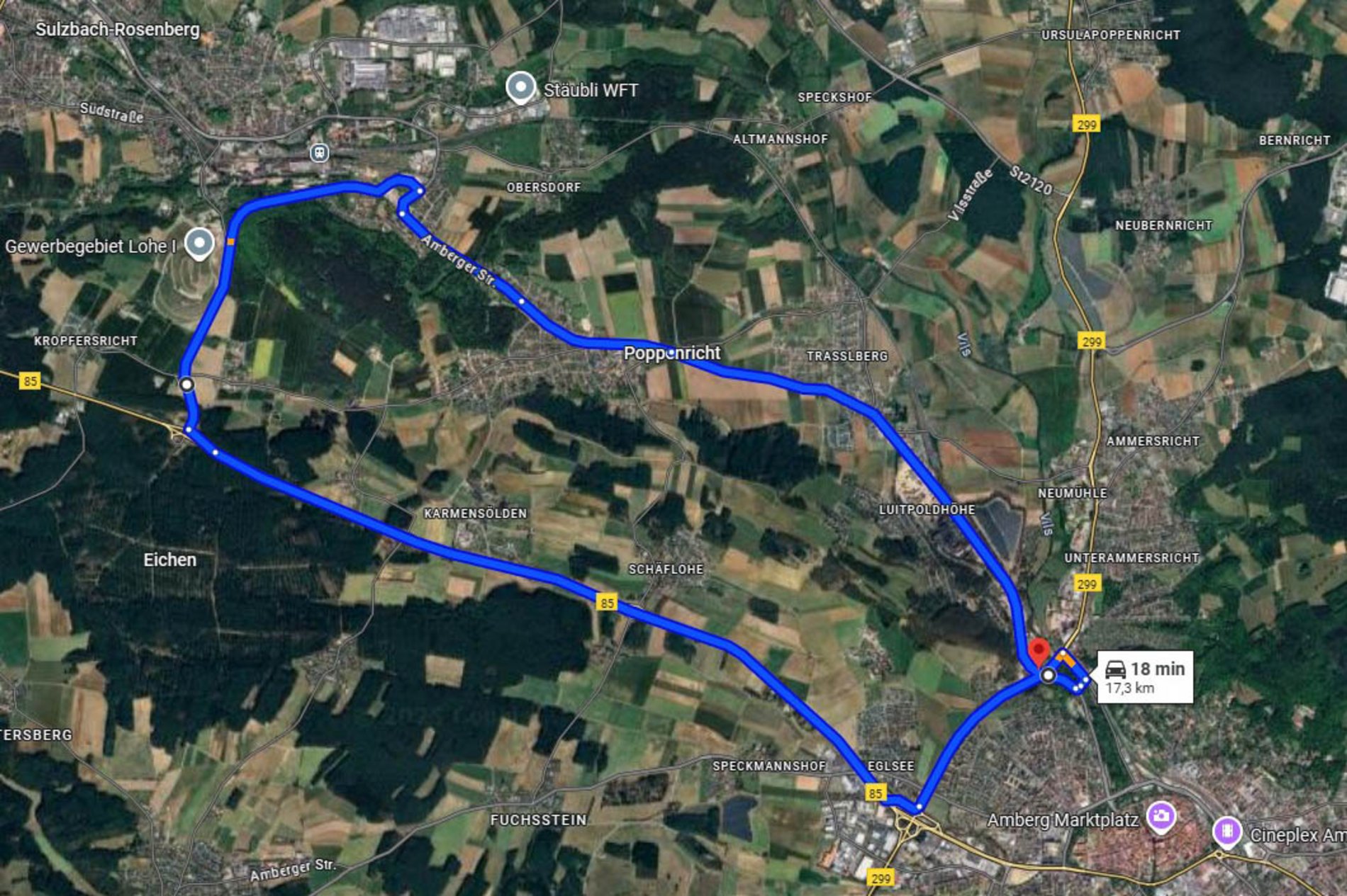 Der Plan zeigt die Umleitungsstrecke während der Sperrung der Sulzbacher Straße von 20. Oktober 2025 bis 22. Oktober 2025. 