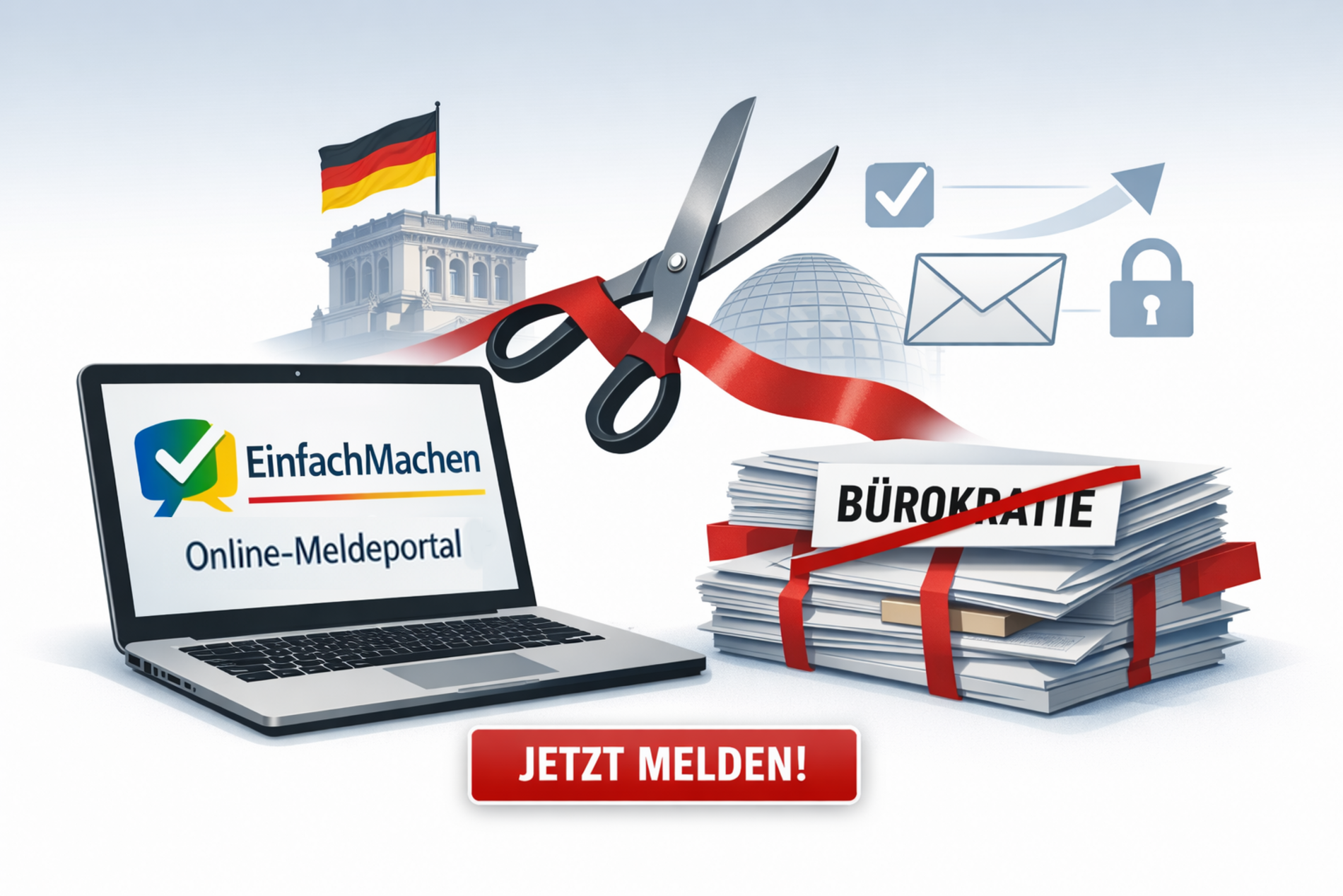 Das Symbolbild zeigt eine Zeichnung mit einem Laptop, einer Schere, einem Papierstapel und der Deutschlandfahne.