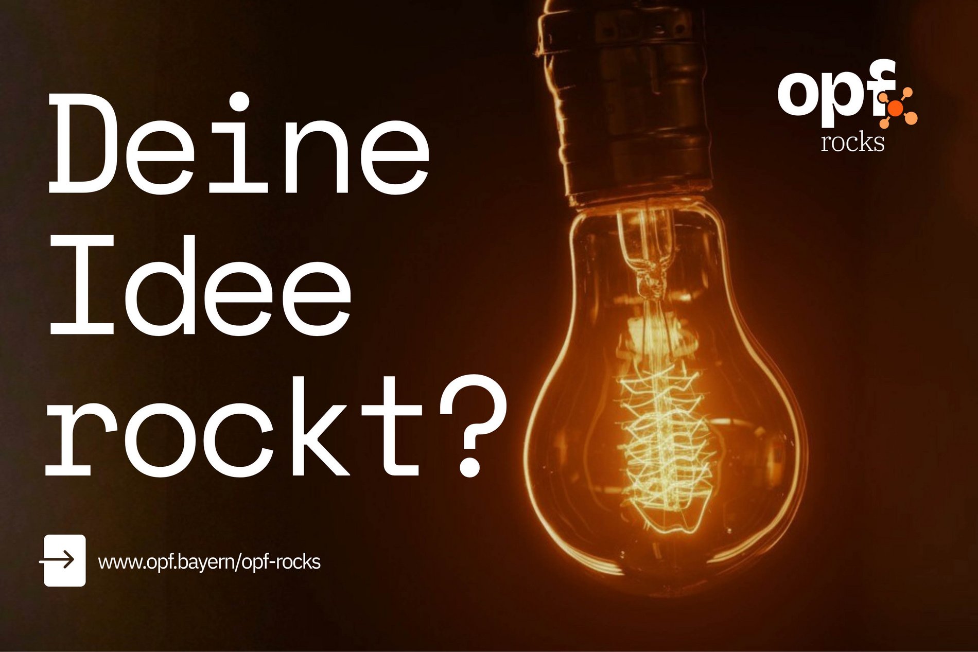 Die Grafik zeigt den Schriftzug "Deine Idee rockt?“ mit einer leuchtenden Glühbirne.