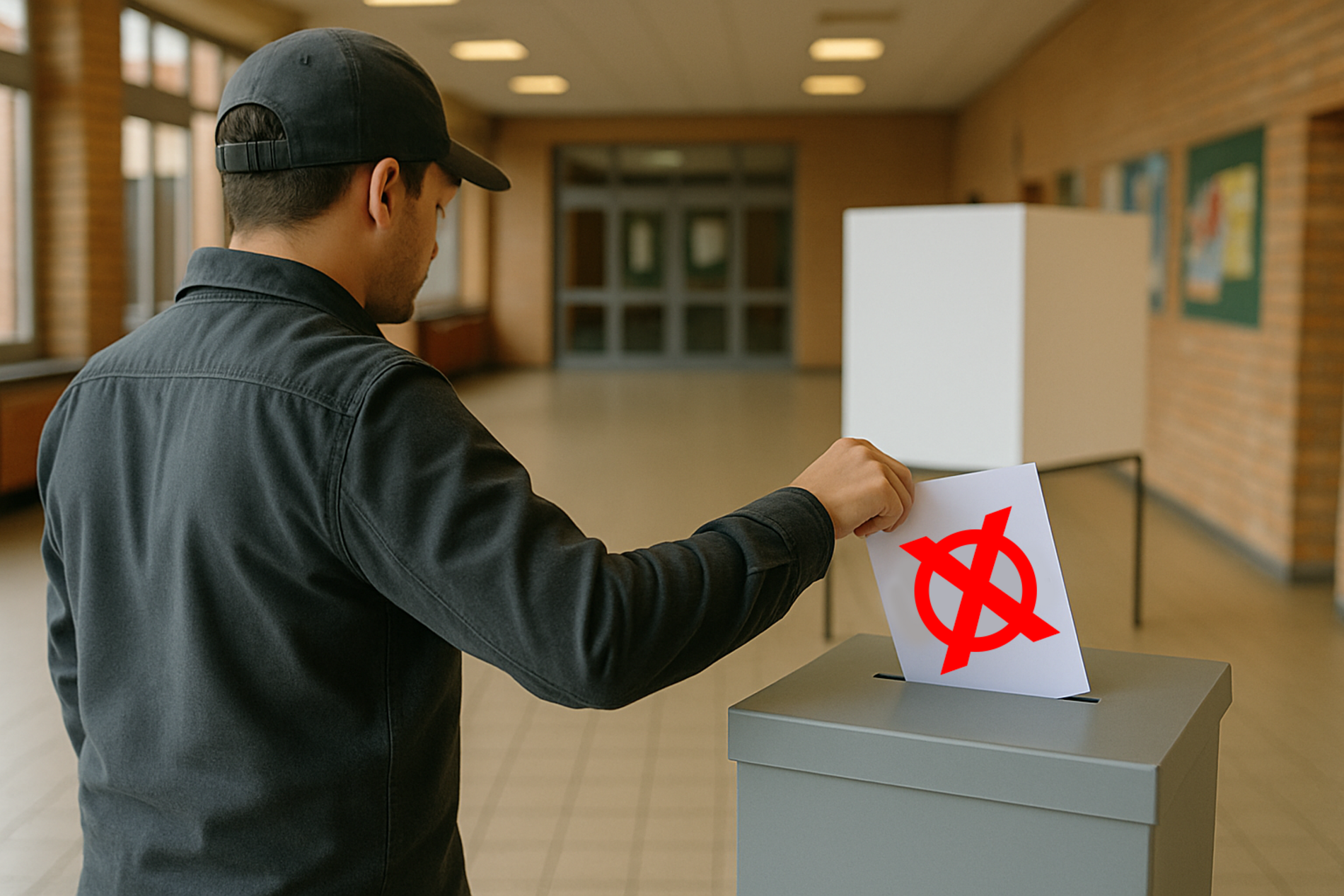 Das Foto zeigt einen Wähler, der einen Stimmzettel in die Wahlurne wirft.