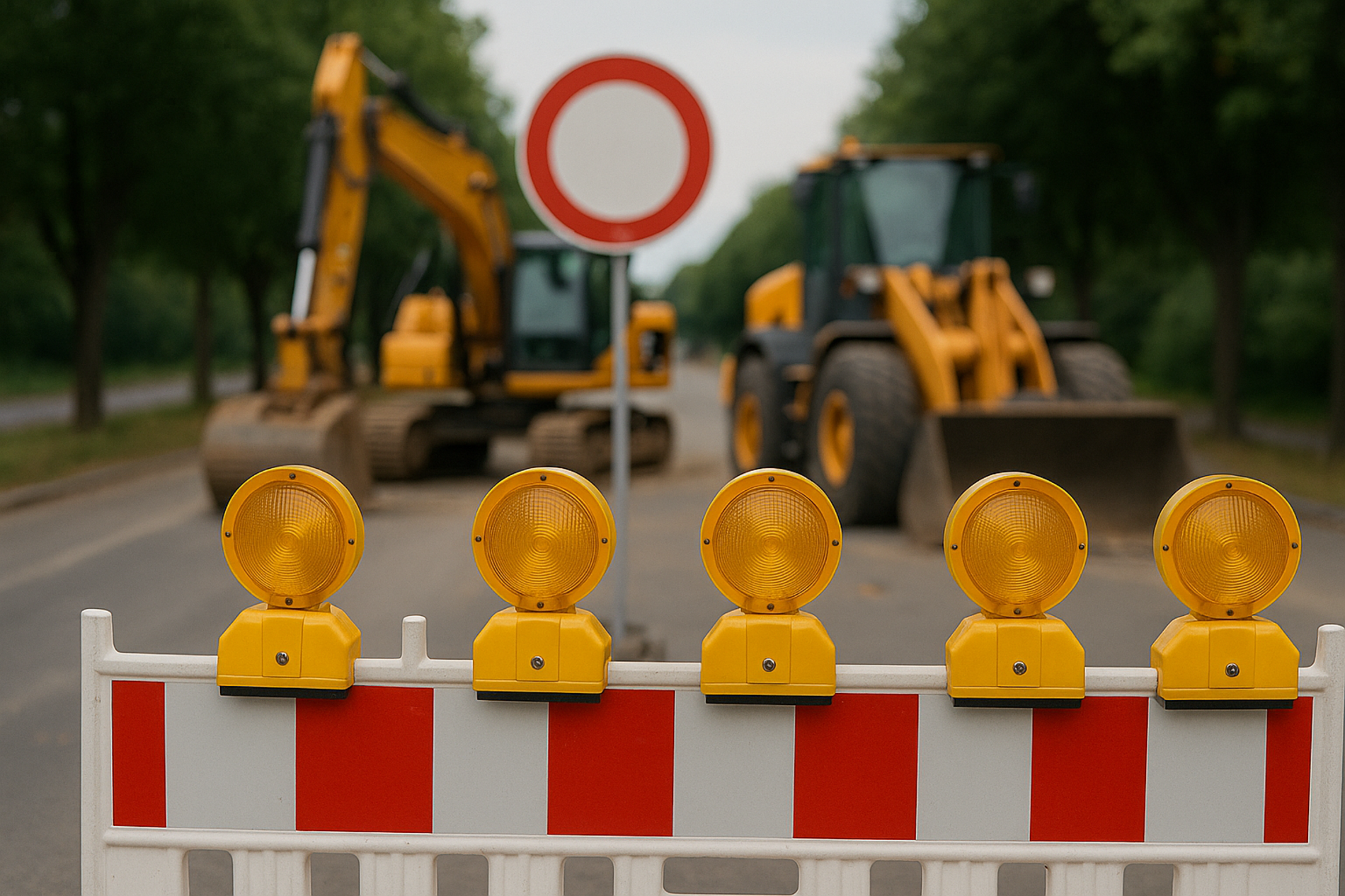 Das mit der KI erstelle Foto zeigt einen gesperrte Straße mit einem Absperrbalken und Baufahrzeugen.