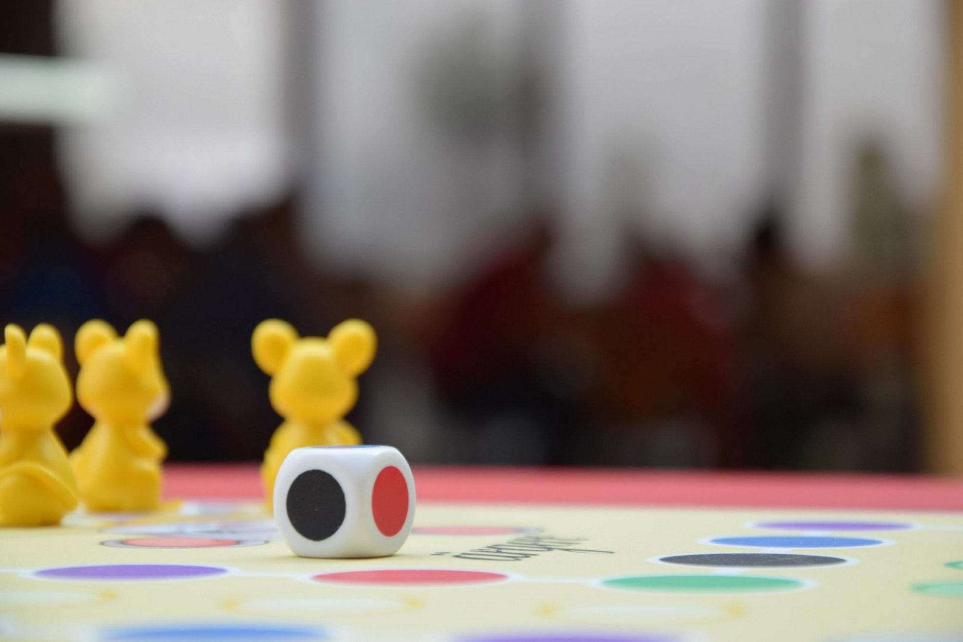 Das Foto zeigt ein „Mensch ärgere Dich nicht“-Spiel mit Spielbrett und Spielfiguren.